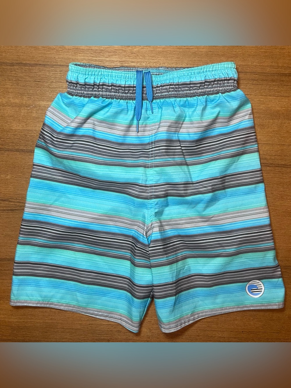 Laguna Boys Aqua & Gray Multi Striped Lined Swim Trunks Size 5/6